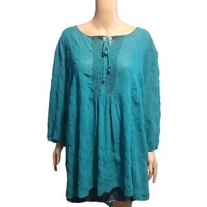 Maggie Barnes Size 3X Plus Green Tie Beaded Pleated Semi Sheer Tunic Top